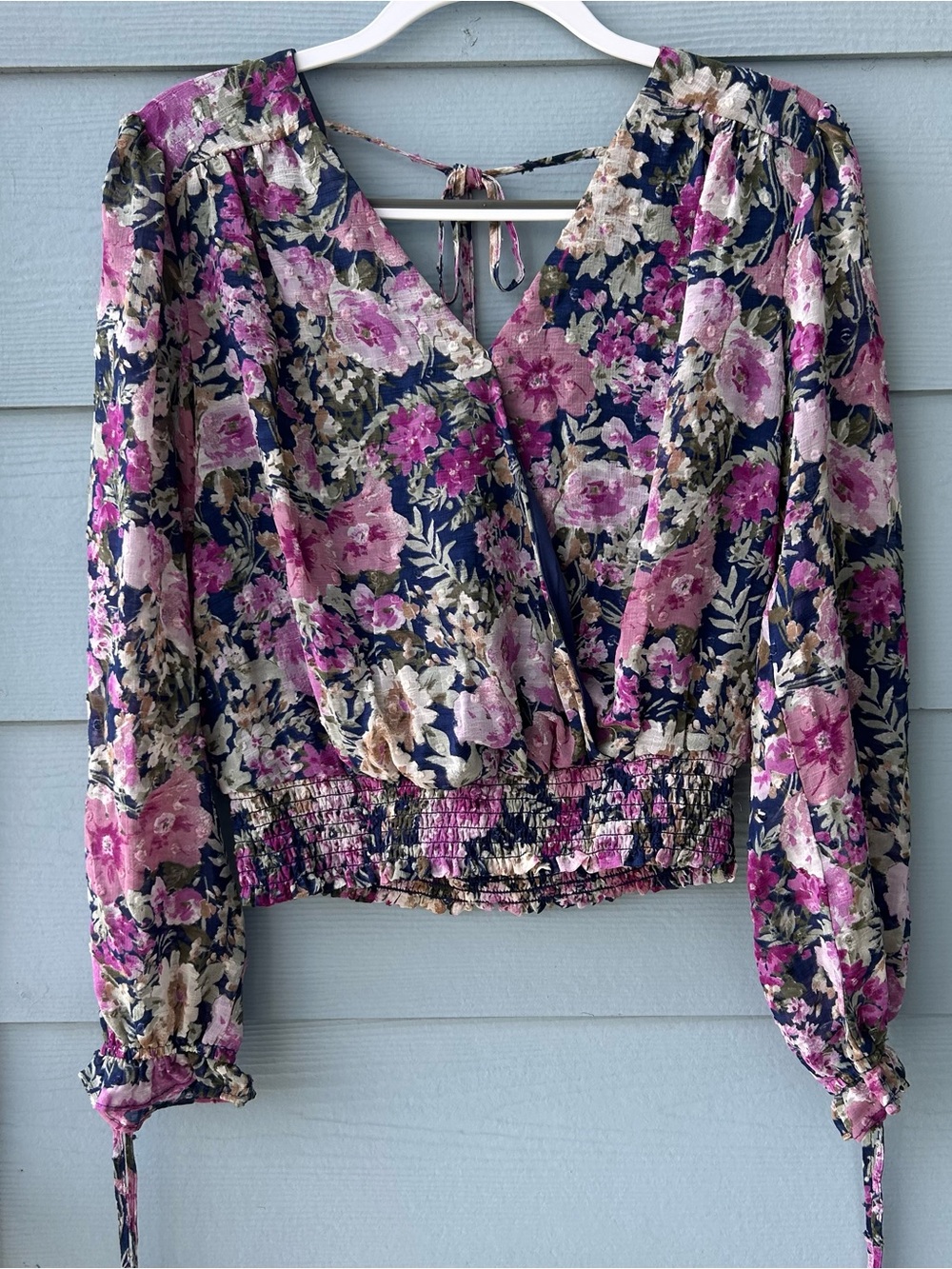 Navy Floral Wrap Blouse with Pink Accents